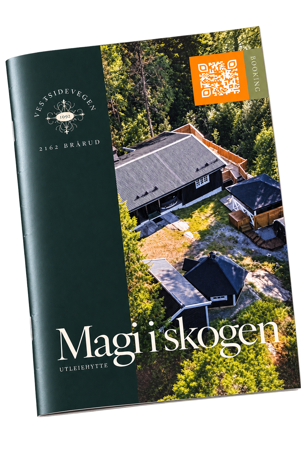 Brosjyren «Magi i skogen» — utleiehytte i Brårud, designet av Pønske